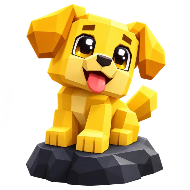 Illustrated yellow blocky puppy, not a verified pet entry