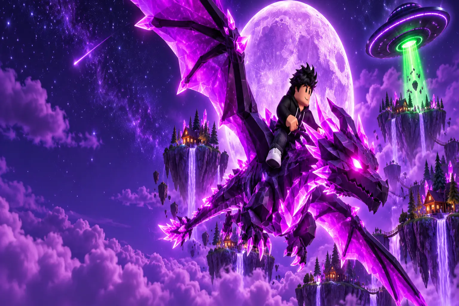 A rider on a purple crystal dragon flies past floating islands and a UFO