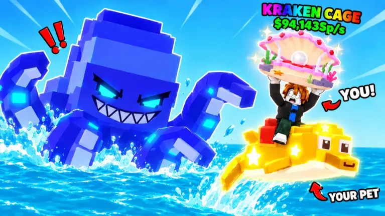 A player on a yellow seahorse pet lifts a shell labeled Kraken Cage