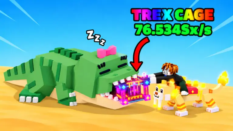 A sleeping green T-Rex with a bow holds a glowing T-Rex Cage