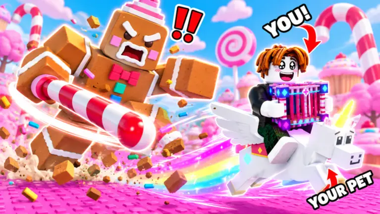 A gingerbread boss swings a candy cane at a rider on a white winged pet